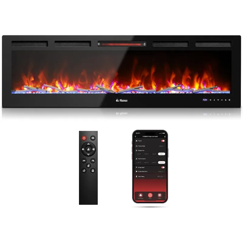 TURBRO 60&rdquo; Smart WiFi Infrared Electric Fireplace Sound Crackling Realistic Flame,1500W Quartz Heater,Recessed or Wall Mounted