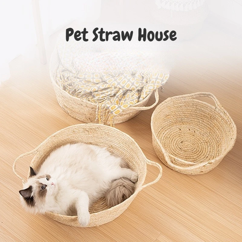 Pet Straw Braided Bed Puppy Kennel Cat Nest Kitten Scratching Sleeping