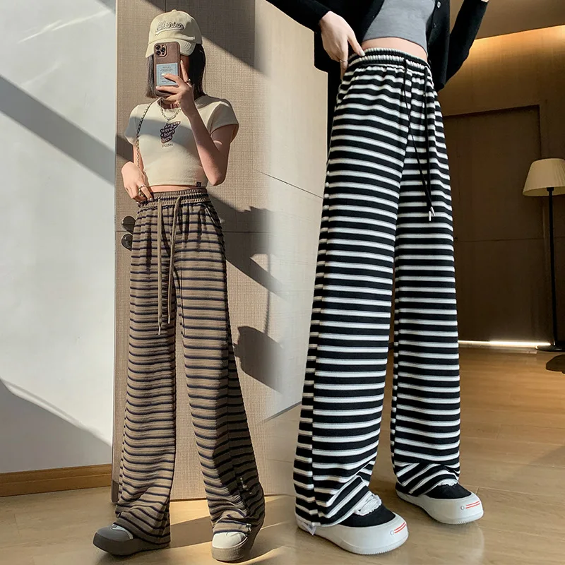 Summer Elegant Fashion Korean Style Women's Clothing Striped Knitting Retro High Waist Loose Casual Drawstring STRAIGHT Pants