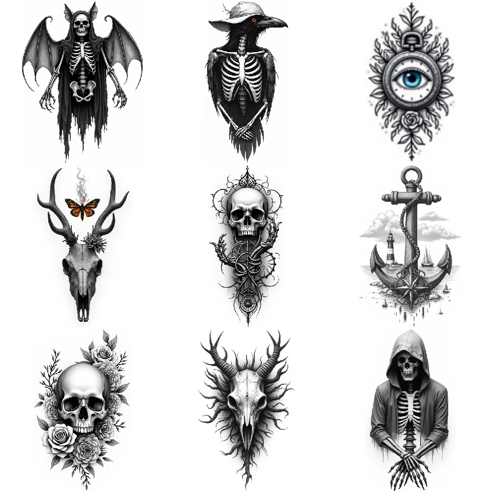 3 uds tatuaje temporal negro y gris Realismo calavera de ciervo con  mariposa pájaro esquelético con sombrero calavera con rosas para brazos -  AliExpress, image size:1000x1000