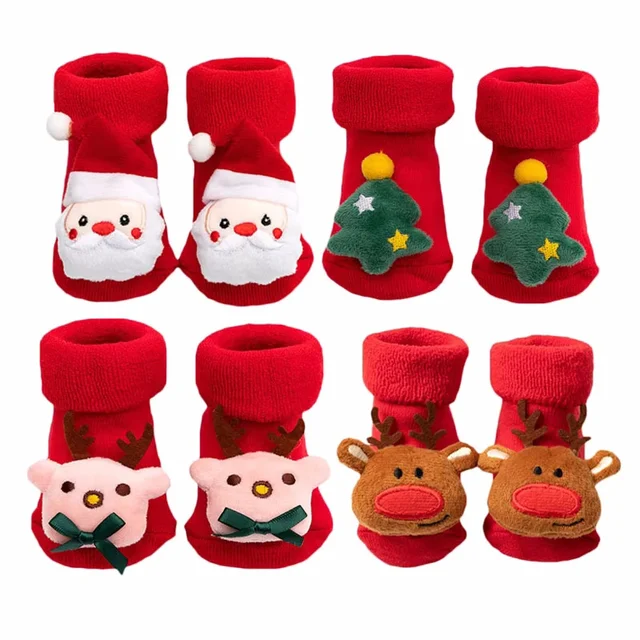 Calcetines rojos de Navidad para bebés, niños y niñas, calcetín de suelo suave de algodón antideslizante con decoración de muñeco de nieve de Papá Noel, primavera, Otoño e Invierno