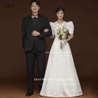 XPAY V Neck Simple Korea Wedding Dresses Short Lantern Sleeves Bridal Gowns Customised Floor Length Satin A Line Bride Dress 1