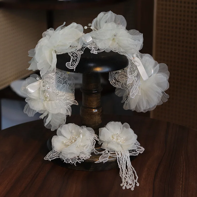 Bridal New Lace Design Headband Pearl Asymmetrical Flower Ear Clips Wedding Hairbands Set