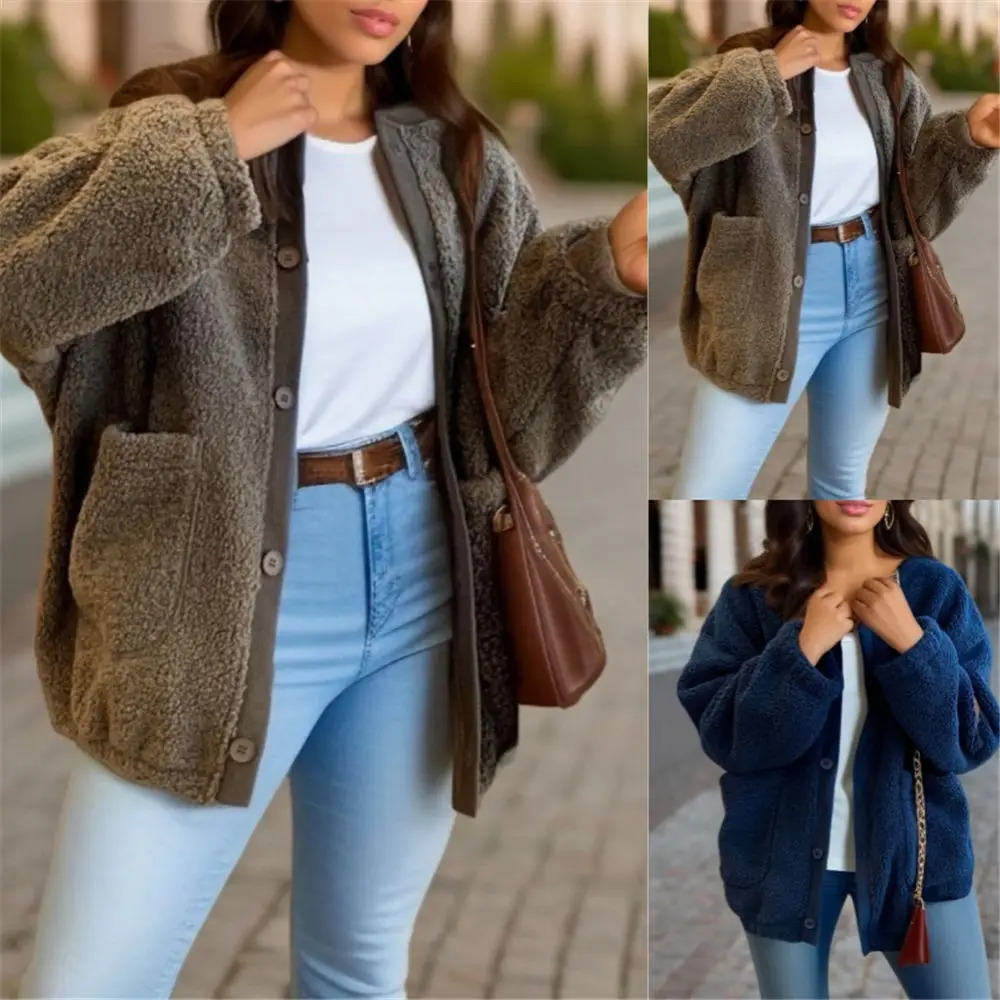 

Women Winter Sherpa Sweater Teddy Fleece Fluffy Cardigan Loose Big Pockets Streetwear Puffy Jacket