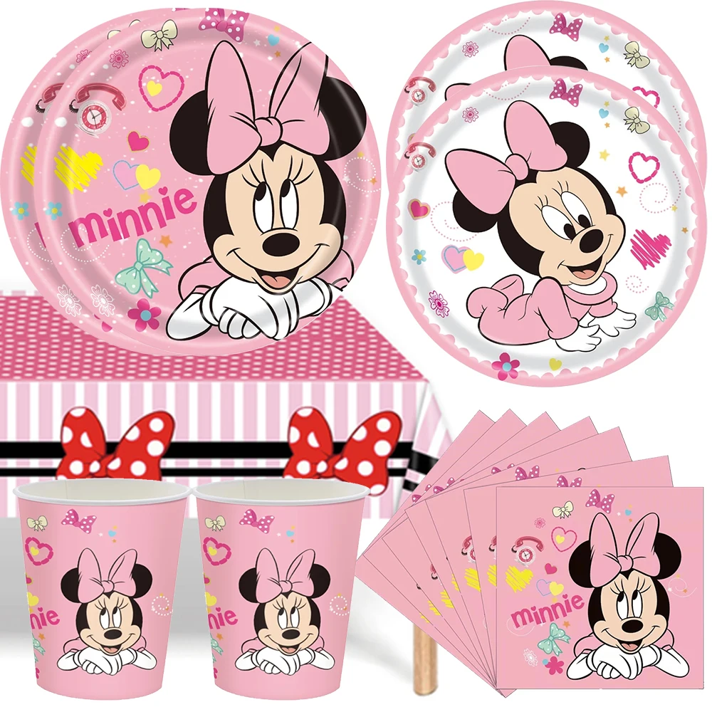 

Minnie Mouse Birthday Party Supplies Girls Disposable Tableware Balloon Cup Plate Tablecloth Cake Topper Baby Shower Decoration