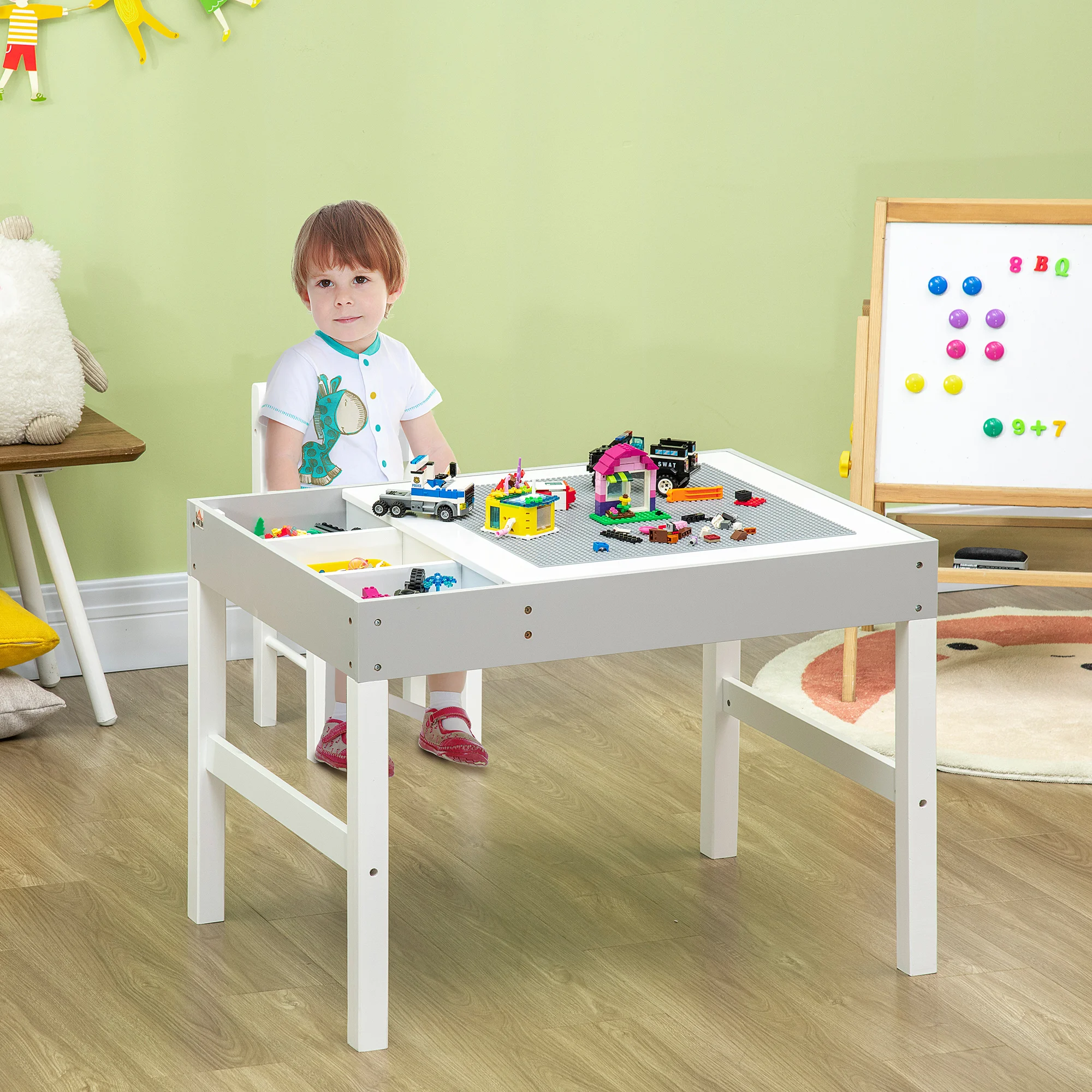 Kids Table and Chair Set with Building Blocks Desktop, Storage Spaces, Grey 2