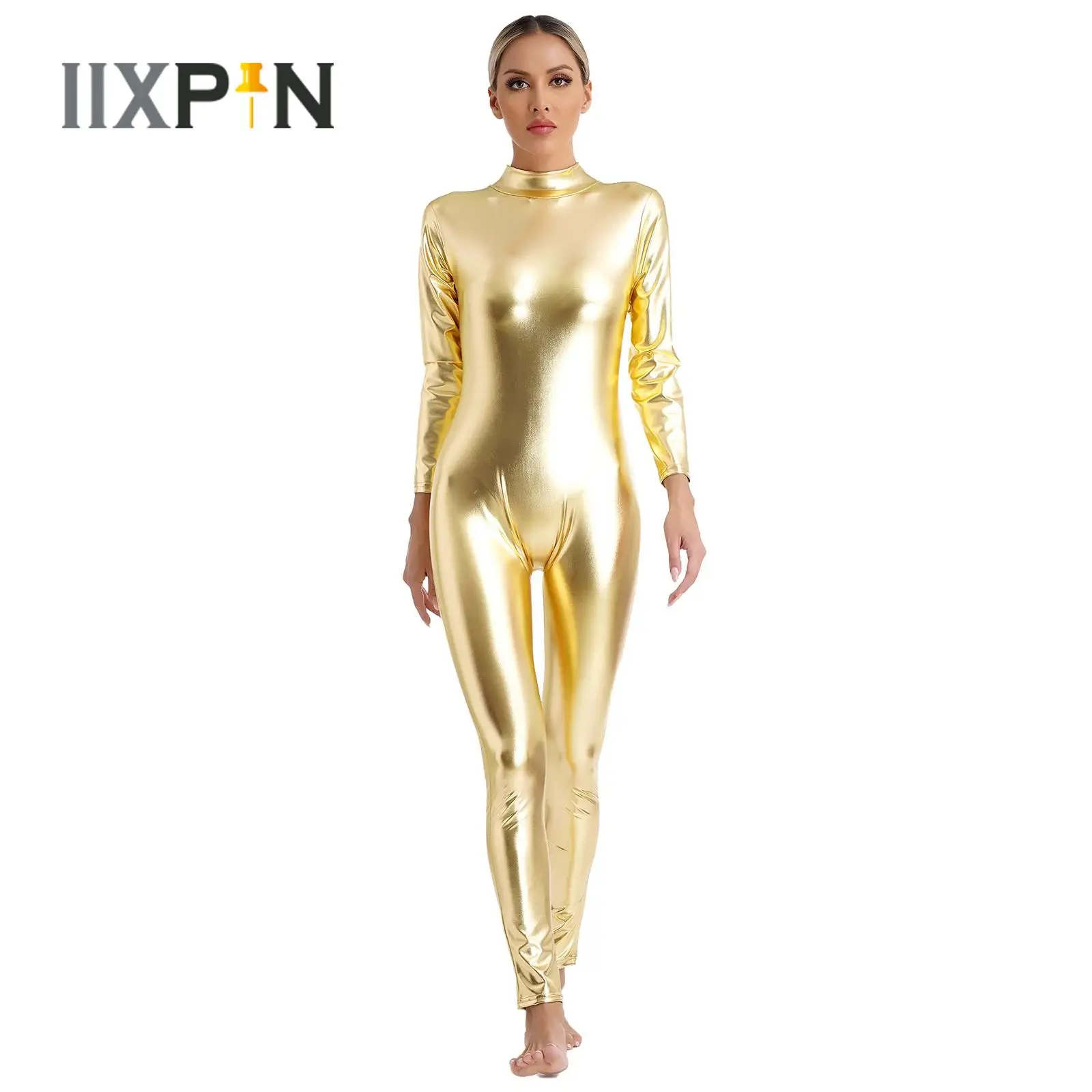 

Womens Shiny Metallic High Neck Unitard Wet Look Slim-Fit Catsuits Jumpsuit Long Sleeve Zipper Gymnastics Bodysuit Dancewear