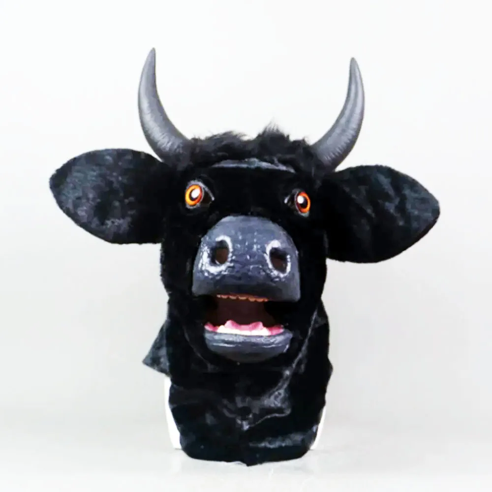 

1PC Halloween Realistic Moving Mouth Horn Mask Horror Black Cow Helmet With Black Plush Headsuit Funny Animal Face Masks Full