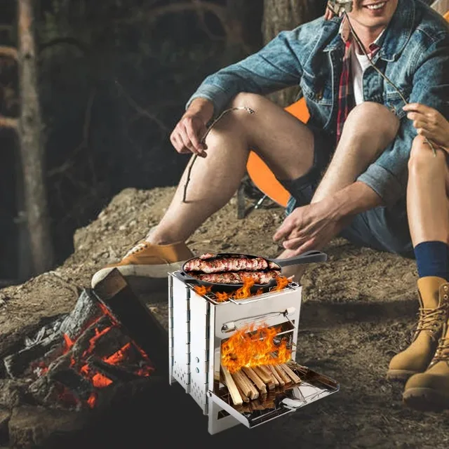 Square Wood Burning Camping Stove Outdoor Survival BBQ Mini Grill BBQ Outdoor Camping Firewood Folding BBQ Picnic Stove 2