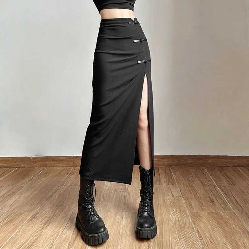 

Женская длинная юбка с разрезом, черная облегающая юбка с высокой талией, подчеркивающая индивидуальность, модель Y2K