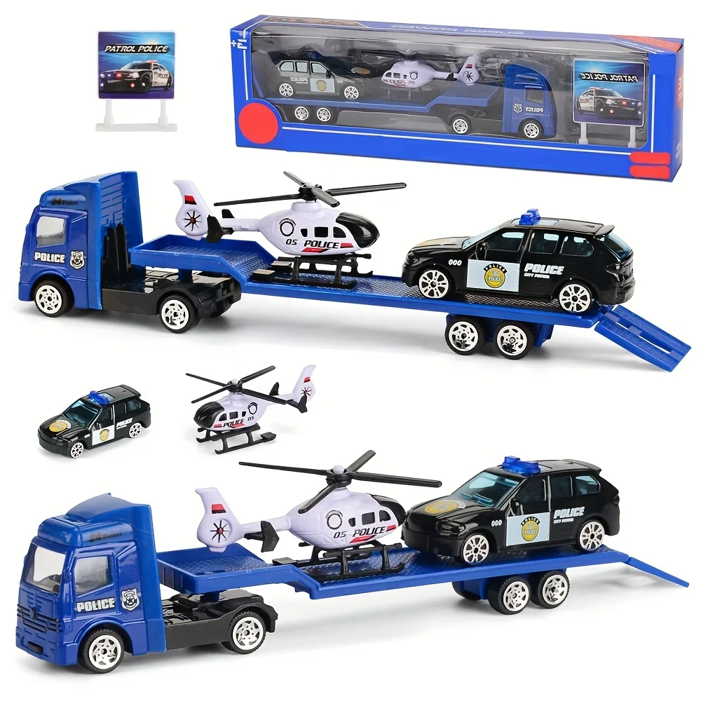 Friction Powered Play Vehicles Set: Construction, Police Car, and Fire Engine Toy Set