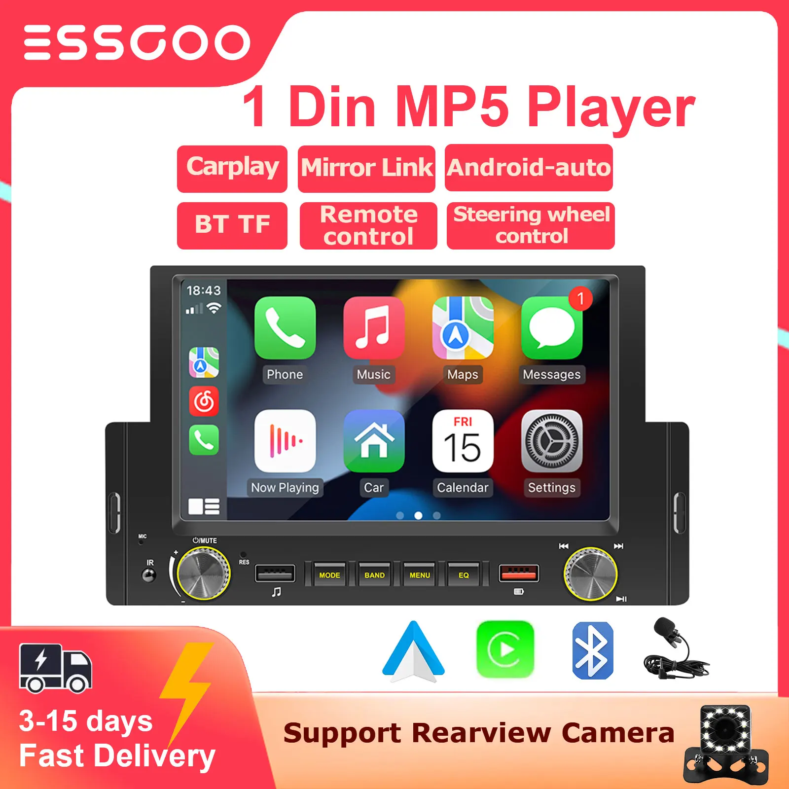 

Автомобильный MP3-плеер ESSGOO, 1 Din, 6,2 дюйма, автомобильное радио, Carplay Mirror Link, автомобильное стерео, Bluetooth, автомобильное центральное мультимедийное стерео