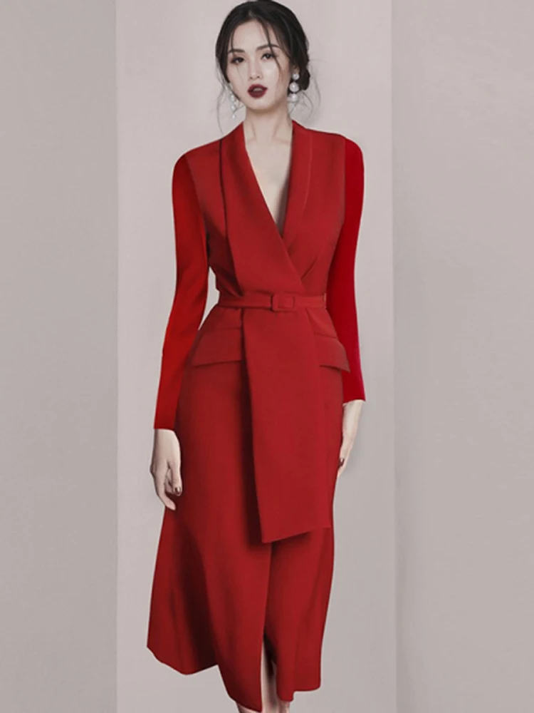 

Runway Women Red Dresses Spring Vintage Long Sleeve Belt Slim Blazer Dress Ladies Sexy V-Neck Elegant Office Party Long Dress