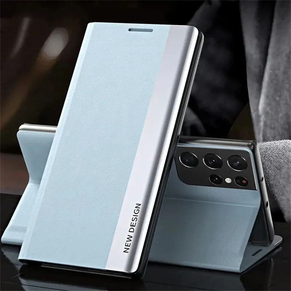 Leather Flip Stand Phone Case with Plated Back Cover