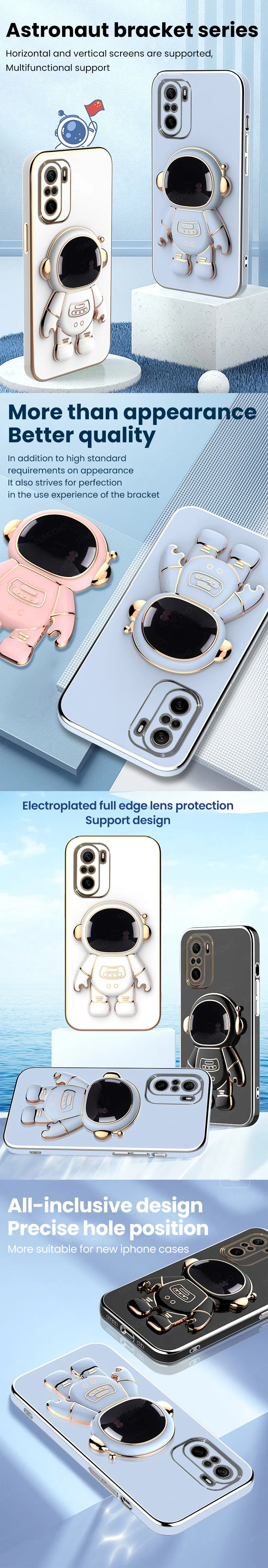 Custodia di lusso con supporto per placcatura astronauta per Xiaomi Redmi Note 11 11S 10 10S 9S 9 Pro Max 8 7 9A K20 K30 K40 K50 Pro Stand C_voghion.com