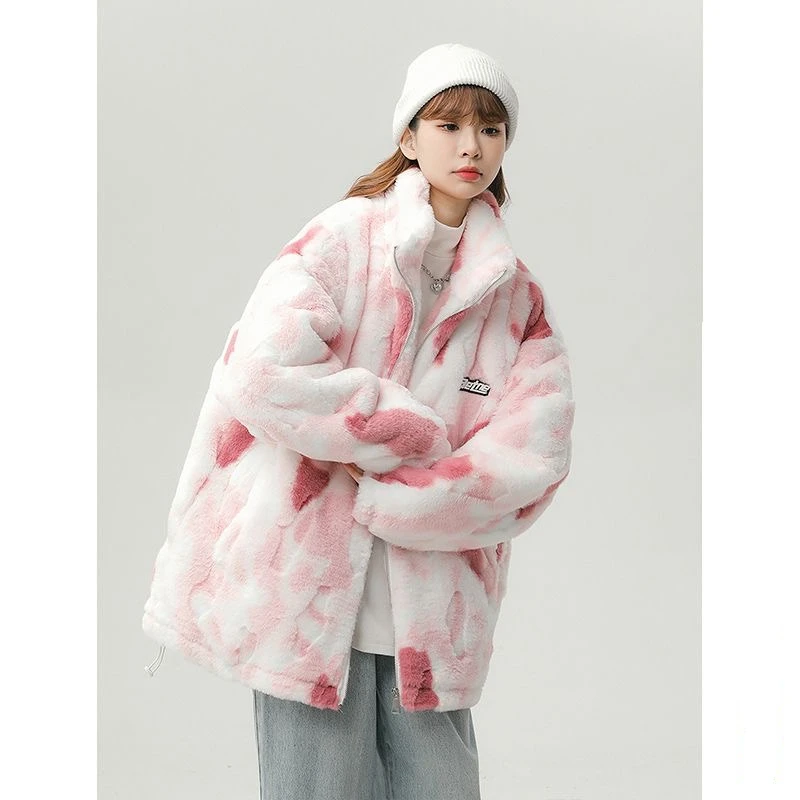 Winter Faux Fur Sweet Style Lamb Wool Jacket Women Short Oversized Tie Dye Zipper Loose Plush Clothing Fashion Warm Outerwear