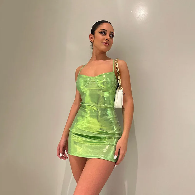

2024 Bling Glitter Backless Mini Dress For Women PU Metallic Sexy Club Bodycon Strap Bright Color Spaghetti Y2K Clothes