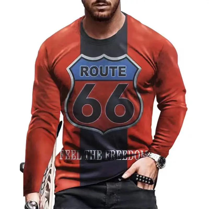 Autumn US66 Printed T-Shirt 3d Vintage Cotton Round Neck Street Pullover New 2022 Fashion Men'S Loose Long Sleeve T-Shirt 5xl