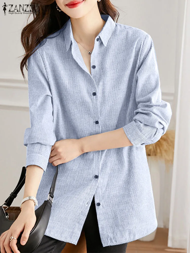 

ZANZEA Women Fashion Long Sleeve Shirt Casual Stripe Printed Blouse Autumn Lapel Neck Street Tops Female Elegant Loose Blusas