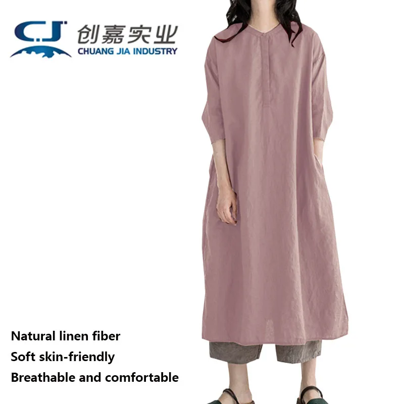 

Linen Spring and Summer Women's Seven-point Sleeve Dress Cotton Hemp Large Slit Shirt Style Loose Long Skirt Casual Clothing