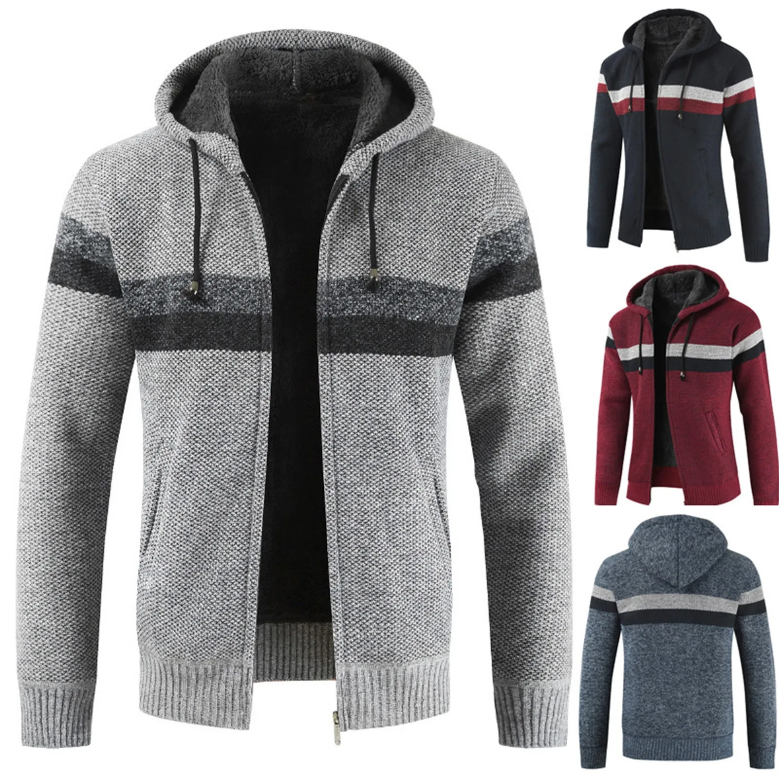 

Thicken Knitted Coat Supplement Men'S Winter Sweater Jacket Long Sleeve Fleece Hood Thick Sweater Fashion Cardigan Hooded Coats