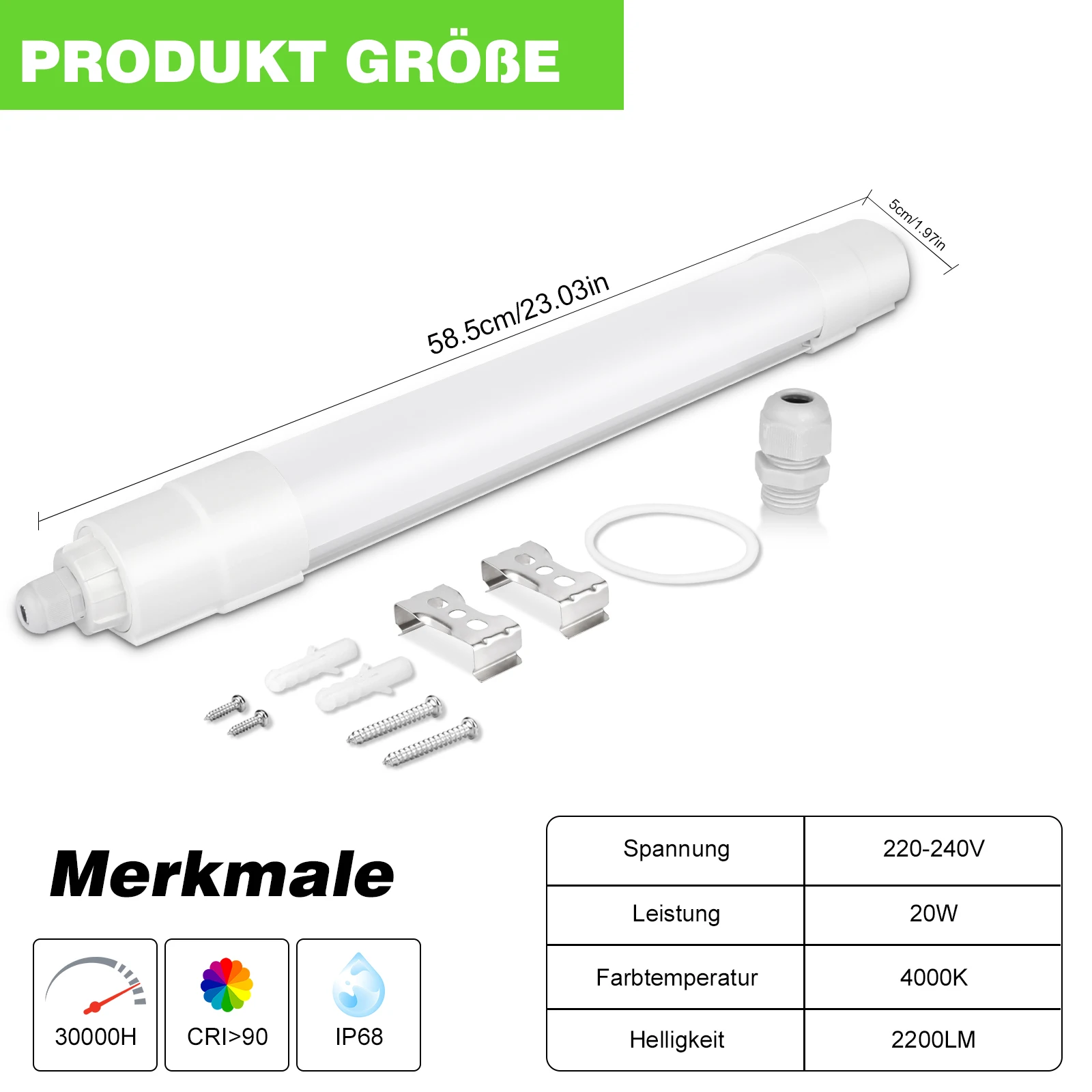 2er-Pack 20W LED-Deckenröhrenleuchte 60cm, Verbindbare IP68 Wasserdichte Deckenleuchte, 2200LM 4000K Neutralweiß für Garage Keller – Detail 6