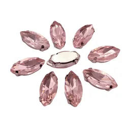 Elegant Marquise Sew-On Rhinestone Crystals with Silver Metal Base - 5x10mm 50pcs (Pink)
