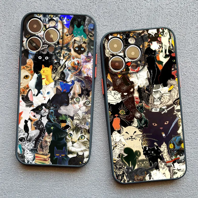 Vintage Black Cat and White Kitten Illustration Phone Case - Cute Cartoon Design