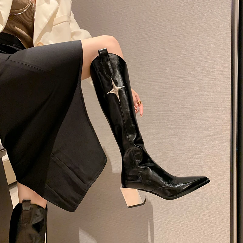 

2022 New Launch Winter Women Modern Boots Genuine Leather (7cm) with High Shoes British Style Knee-High