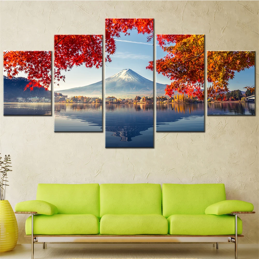 5Pcs Autumn Mountain Fuji Lake Kawaguchiko Painting Wall Art Canvas Poster Print
