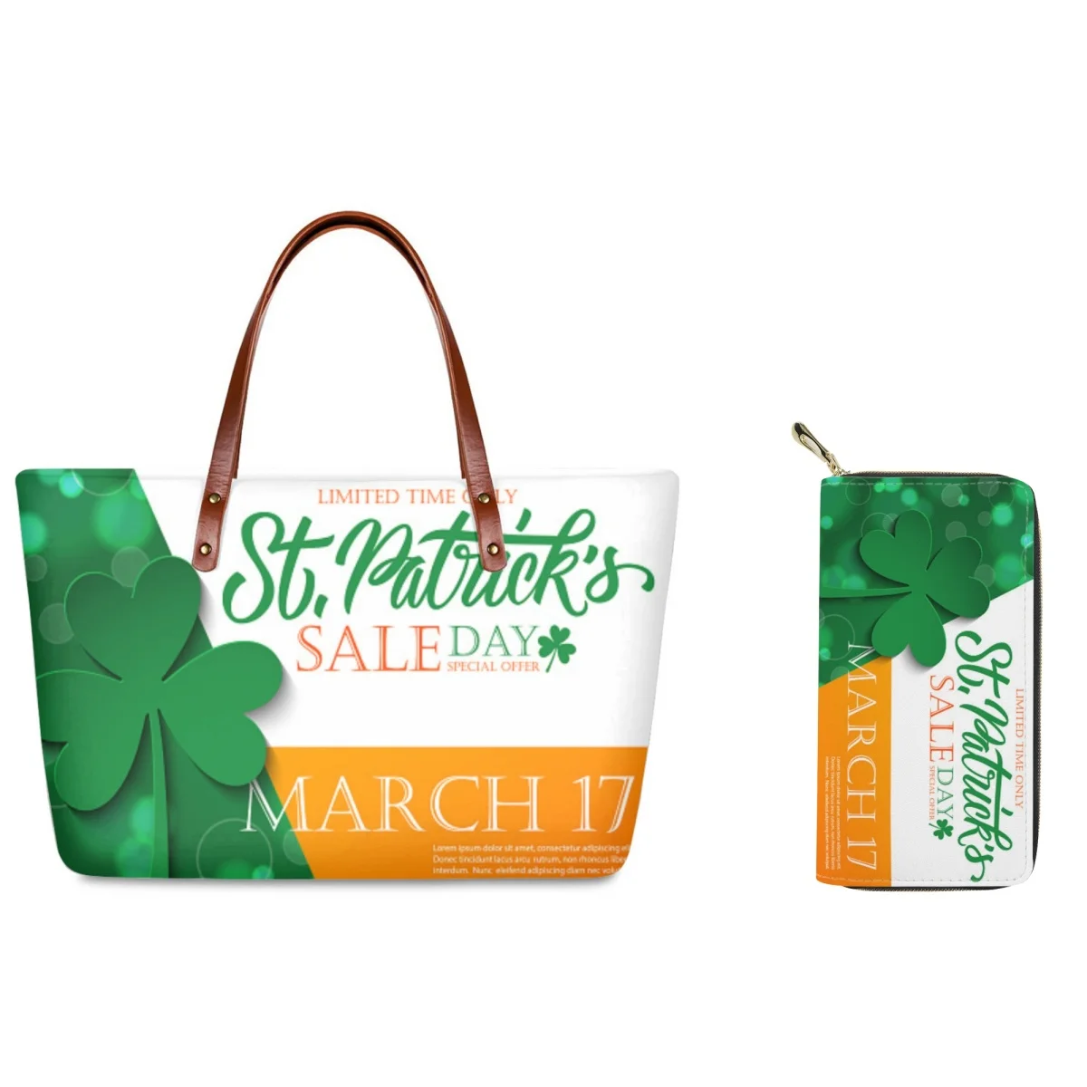 FORUDESIGNS Versatile Large Capacity Tote Wallet Combo Irish Flag Shamrock Bucket Bag Leather Wallet Ladies Easter Gift