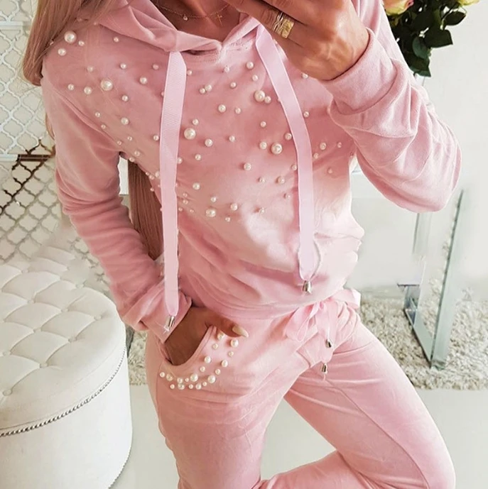 Pink Bubble Bead Decorative Casual Set 2-Piece New Fashion Hot Selling Long Sleeved Hooded Pullover Sweatshirt and Pants Set