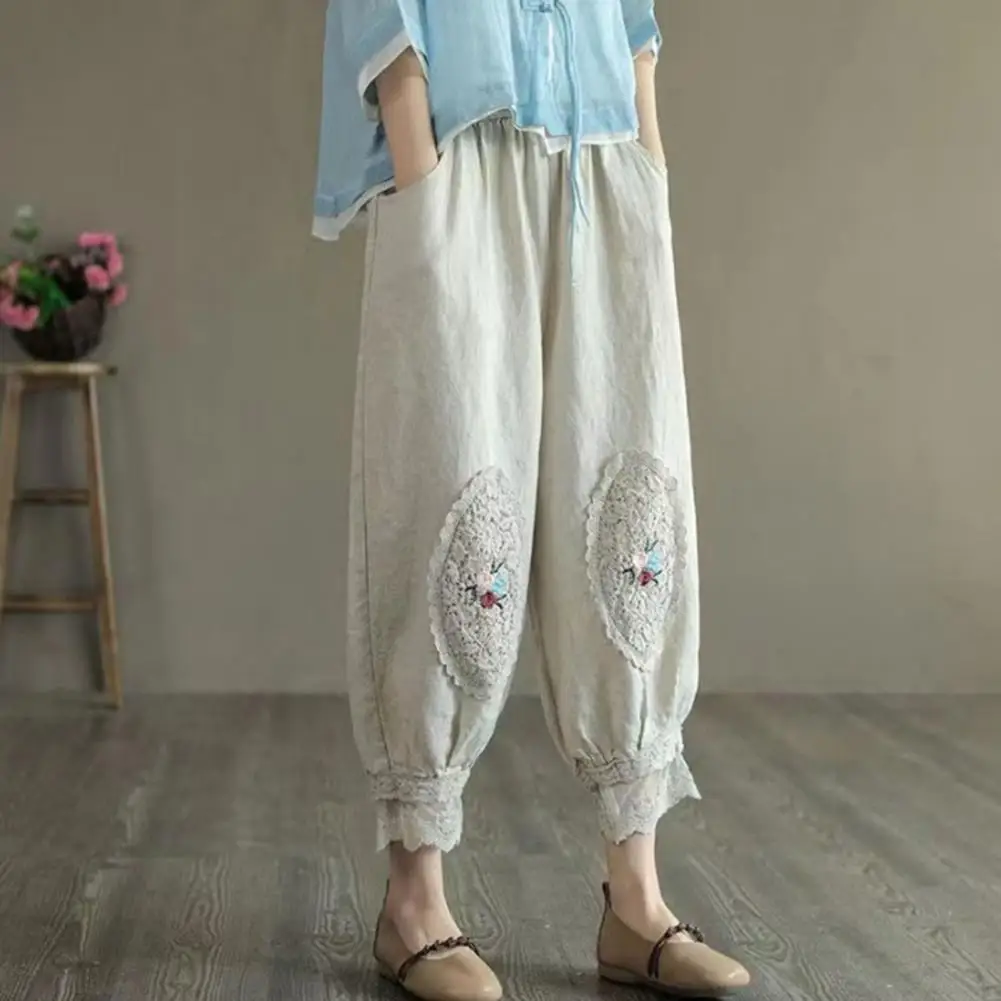 

Women Pants Elastic Waist Pocket Lace Patchwork Flower Embroidery Solid Plus Size Mid-calf Length Ninth Pants Female Clothes