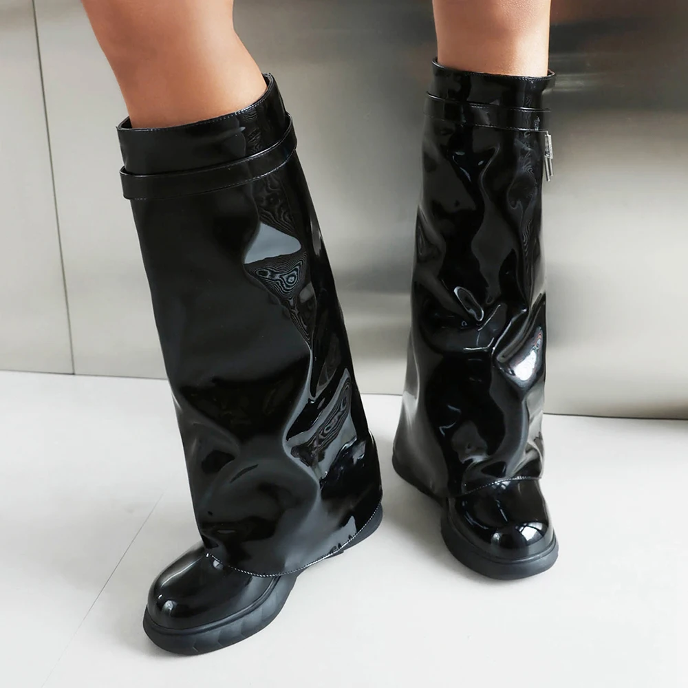 Women Shark Lock Round Toe Wedge Boots White Red Patent