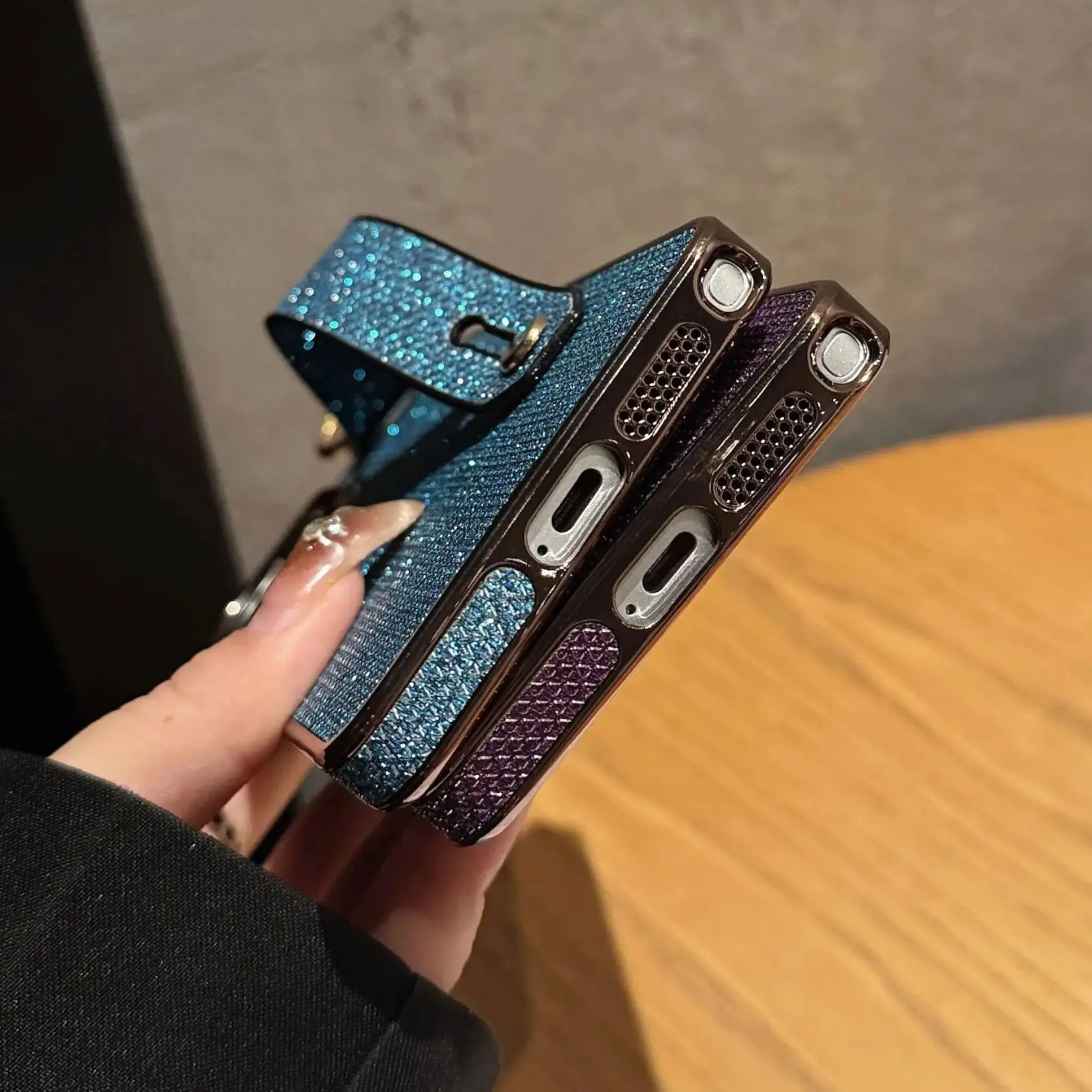 Sparkling Plating Wrist Strap Holder Case with Hand Bracket and Enhanced Camera Protection