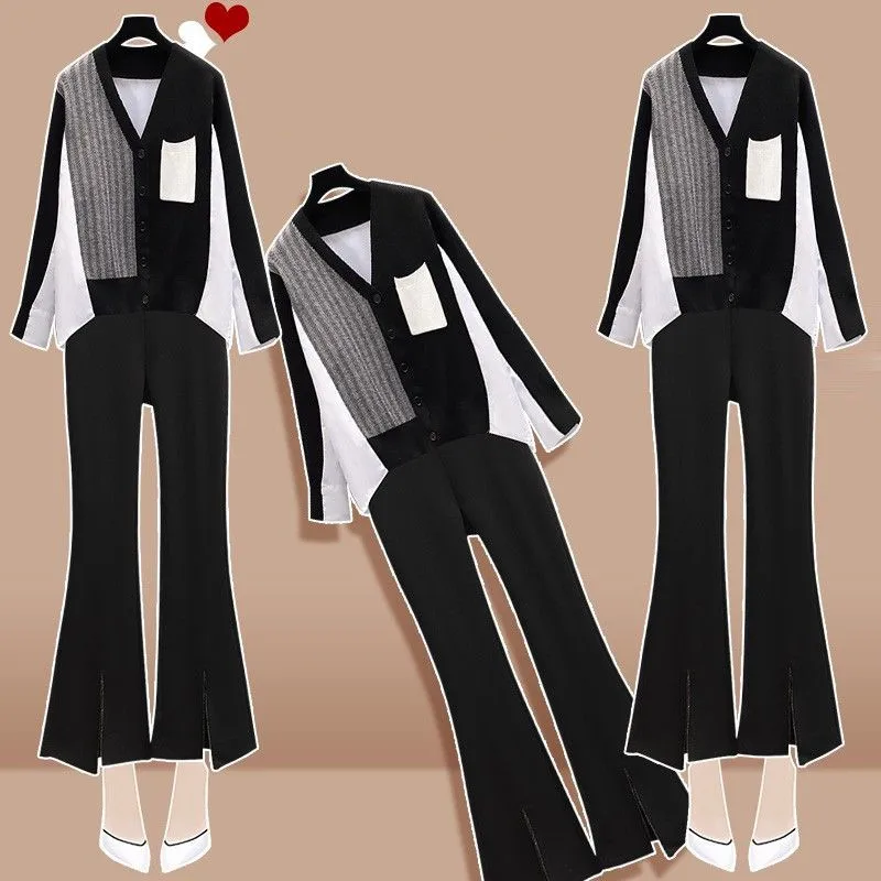 2024 Spring Autum New Fashion V-Neck Shirt Top + Pants Two Piece Women's Korean Elegant Casual Blouse Micro Flared Trousers Suit boliyae black micro flare jeans women skinny elastic comfortable trousers y2k fashion sexy high waist feet split pencil pants