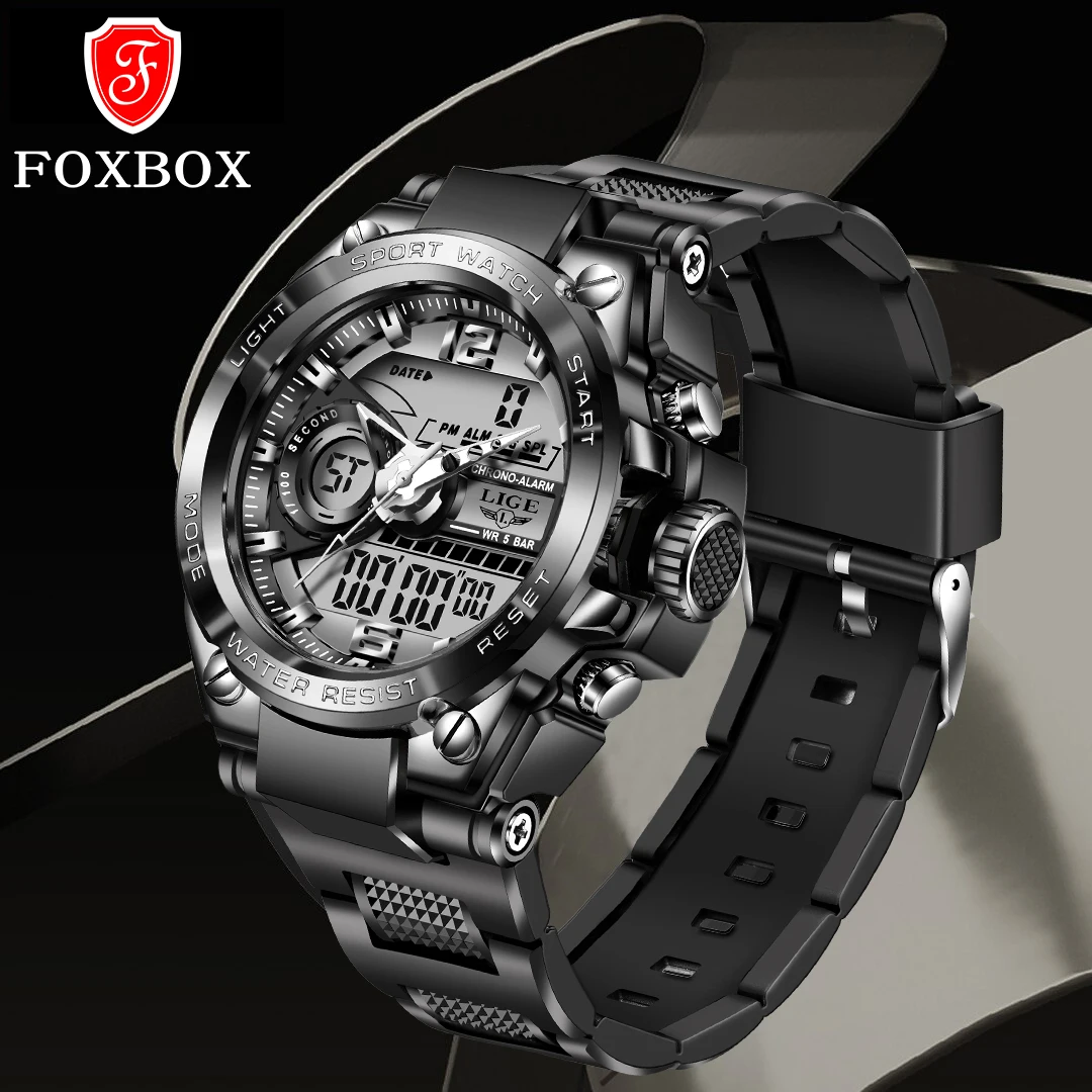 FOXBOX Sports Men Watch Silicone strap Dual Display Quartz Watch Luminous Waterproof Chronograph Alarm Clock Date Military Watch