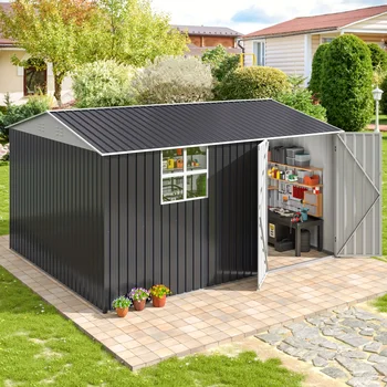 Polar Aurora 10x12 FT Abri de rangement extérieur en métal avec fenêtres, hangar à outils de jardin verrouillable, cadre robuste, patio d'arrière-cour noir 1