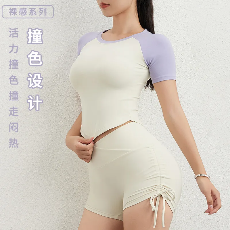 

Gym Crop Tops Padded Cup Yoga Tops Elastic Breathable Yoga Bra 3D Fit Cup Slim Fit Workout Short Sleeve Sports Crops