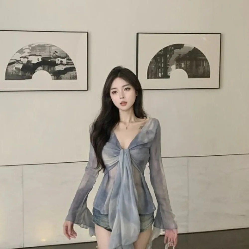 Streetwear Jellyfish Mesh Belt T-Shirt Elf Long Sleeve Pleated Collar Slim Fit Crop Tops Transparent Irregular