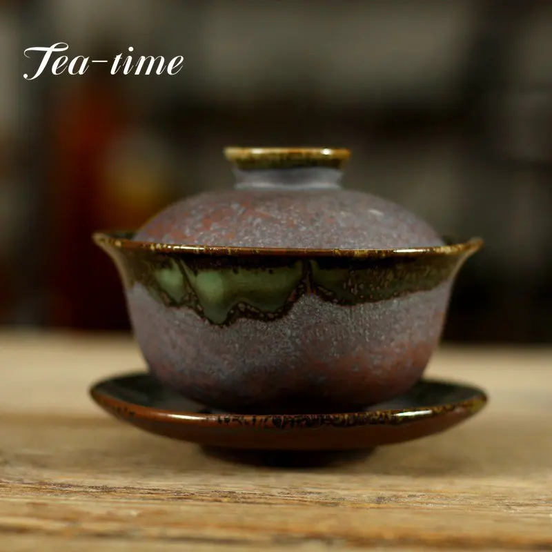 Retro Iron Rust Glaze Ceramic Gaiwan Tea Tureen Teaware Cup Chinese Temmoku Tea Bowls Vintage Chawan Ceramony Set 150ml