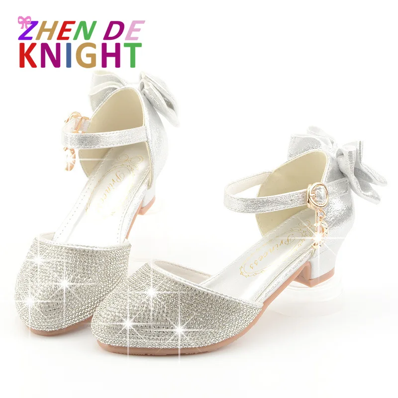 Princess Kids Leather Shoes for Girls Dress Shoe Glitter Children High Heel Girls Shoes Butterfly Knot Gold Pink Silver girls high heel shoes leather shoes girls shoes