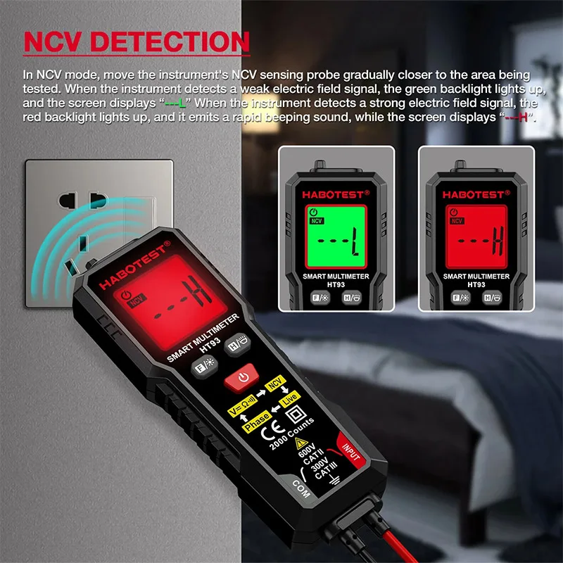 Smart Digital Multimeter AC/DC Voltage Votage Tester with Backlight Auto-Ranging Measures NCV Live Wire Tester 2000 Counts