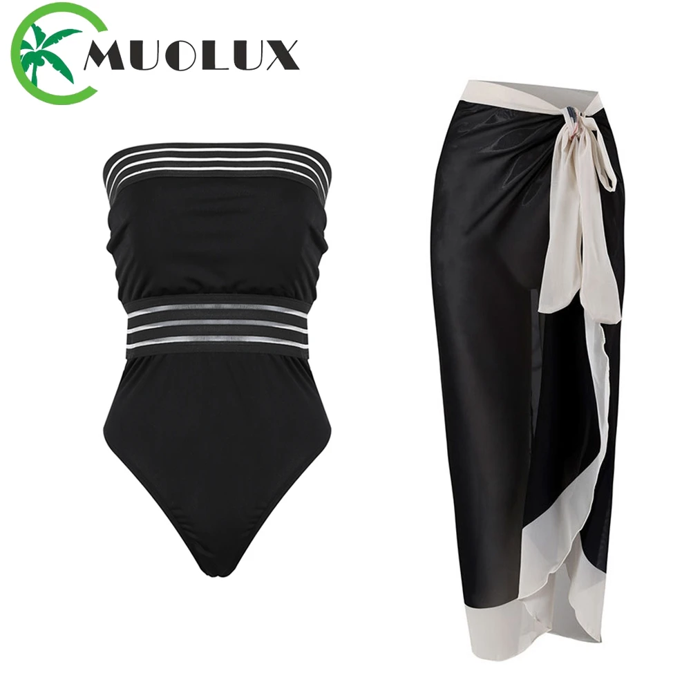 

MUOLUX 2024 Sexy One Piece Solid Black Swimwear Halter Push up Swimsuit Bikinis Set Women Beachwear Skirt Bathing Suit Monokini