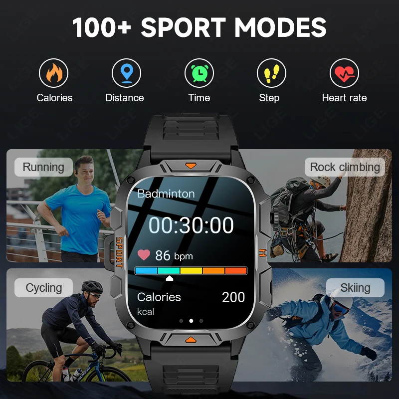 LIGE 2025 Rugged Military Smart Watch Men's Outdoor Watch1.96" HD Touch Screen LED Flashlight Voice Bluetooth Call Smartwatch