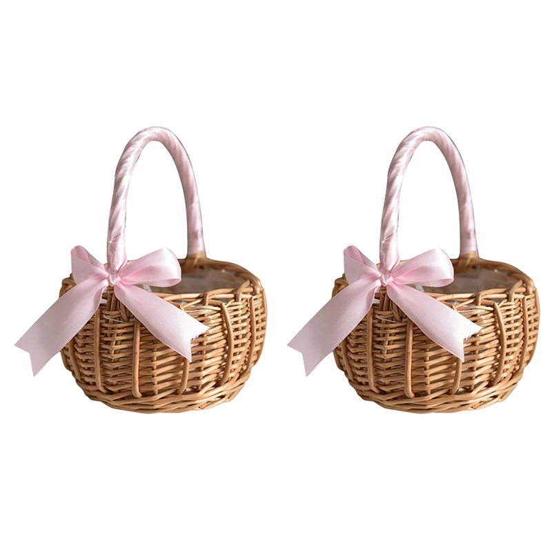 

2X Wicker Woven Flower Basket, With Handle And Pink Ribbon, Wedding Flower Girl Baskets, For Home Garden Decoration(S)