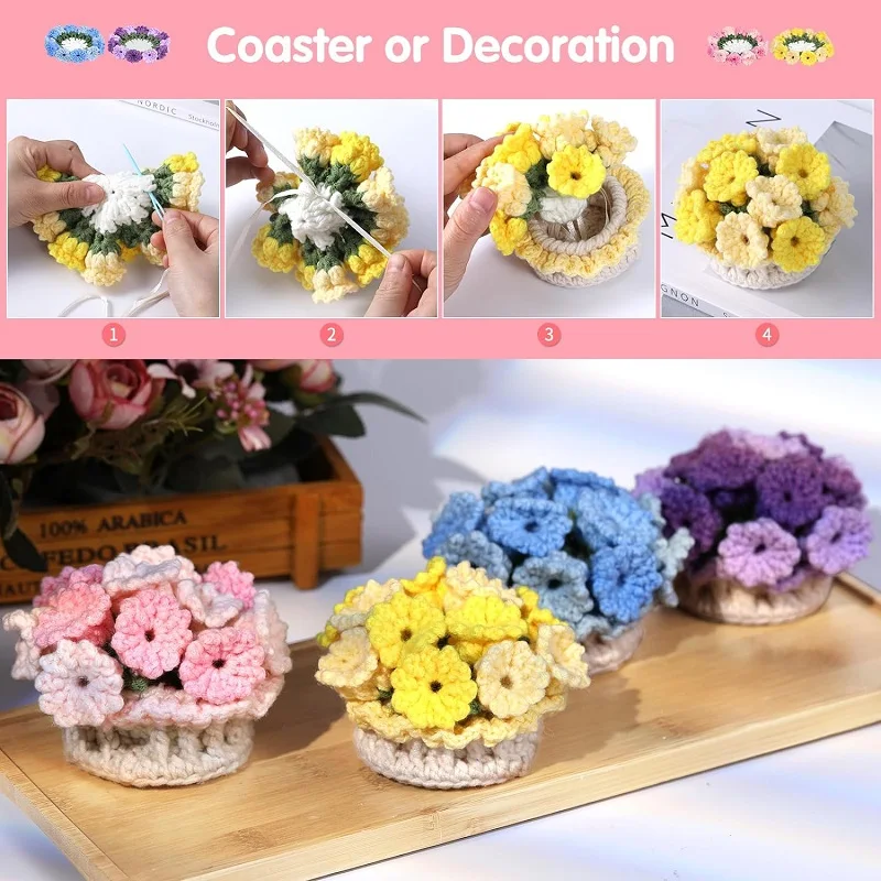 BUDDUR 4Pcs Flower Coaster Crochet Knitting Kit With Manual And Cotton Yarn Thread DIY Handmade Craft Accessories Tools Set