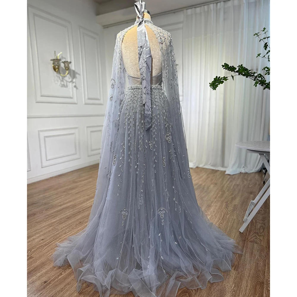 Serene Hill Dubai Arabic Luxury Nude A Line Beaded Evening Dresses With Cape Sleeves Gowns For Women  Wedding Party 2023 LA71803