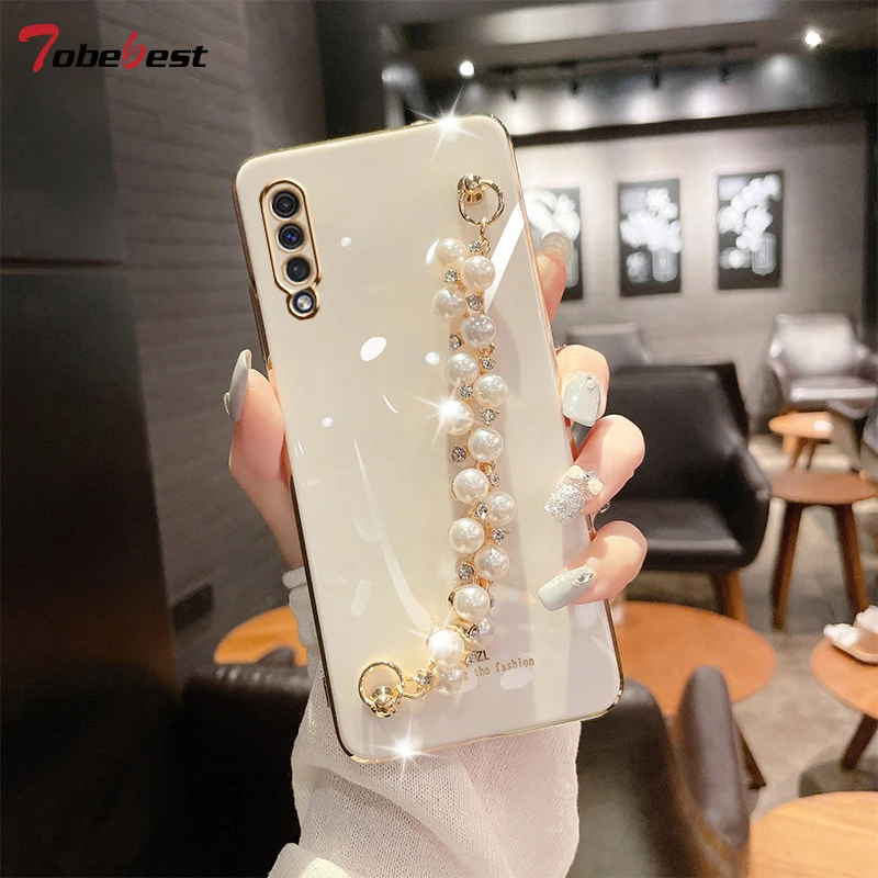 Bling Diamond Pearl Bracelet Chain Painting Case On Per Samsung Galaxy A10 A20 A30 A50 A70 A7 2018 J2 J7 Prime J4 J6 Plus Cover