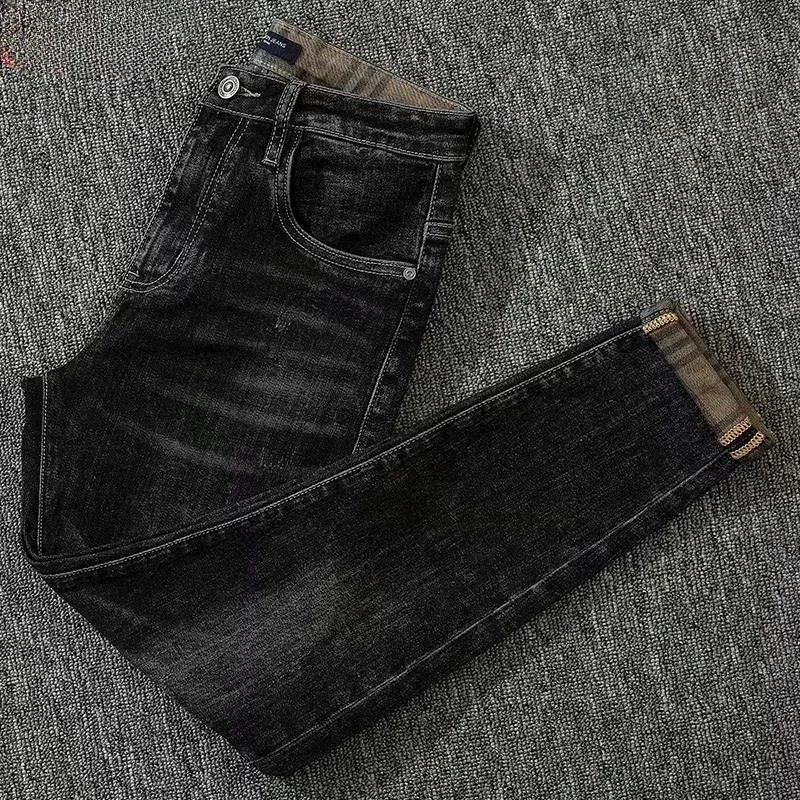 thumbnail image 1 of Pantalones vaqueros elásticos para hombre con gráficos, pantalones vaqueros elásticos negros con bolsillos, ropa de nailon barata de gran tamaño y alta calidad, 1 of 5